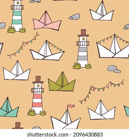 Nautical seamless vector pattern. Colorful ornament upon beige background for fabric, wrapping paper, backgrounds, covers, scrapbooking paper