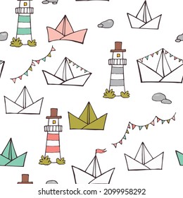 Patrón vectorial náutico sin fisuras. Ornamento colorido para tela, papel de envoltura, fondos, cubiertas, papel de raspado