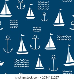 Nautical Seamless Vector Pattern with Hand Drawn Sailing Boats, Anchors and Waves