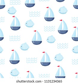 Nautical seamless vector pattern with ship. Bright cartoon illustration for children's greeting card design, fabric and wallpaper.