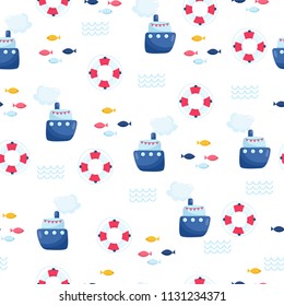 Nautical seamless vector pattern with ship. Bright cartoon illustration for children's greeting card design, fabric and wallpaper.