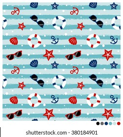 Nautical seamless vector pattern with sunglasses, lifebuoy, shell, anchor and starfish on striped background