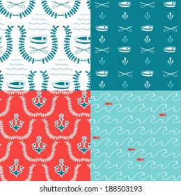 Nautical seamless vector patterns. Boat, oars, laurels, sea vacation.