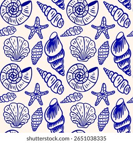 Padrão sem costura de conchas marinhas náuticas. ilustração gráfica da vida marinha desenhada à mão para impressão.