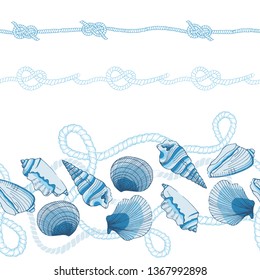 Nautical Seashells and Ropes Vector Seamless Horizontal Border Set