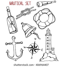 Nautical set: Bell, knot, message in a bottle, lighthouse, compass rose, anchor, telescope, lifebuoy. Hand-drawn design elements.