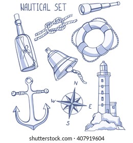 Nautical set: Bell, knot, message in a bottle, lighthouse, compass rose, anchor, telescope, lifebuoy. Hand-drawn design elements.