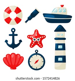 nautical set icons cartoon style. isolated on white background. vector illustration.