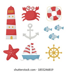 nautical set icons cartoon style. isolated on white background. vector illustration.