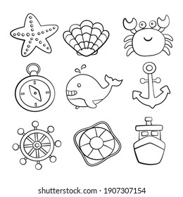 nautical set icons cartoon style. isolated on white background. vector illustration.