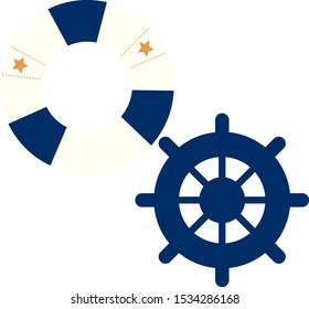 nautical set of life preserver and ship helm