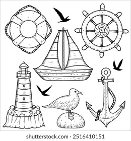 Conjunto náutico com um farol, volante, boia salva-vidas, âncora, barco, gaivota. Ilustração vetorial