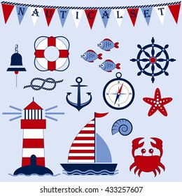 Nautical set. Marine theme. Sea travel. Anchor, steering wheel, ship, lighthouse, crab, starfish, fish, compass, shell, knot, bell