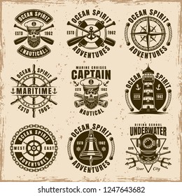 Nautical set of nine vector emblems, labels, badges or t shirt prints in vintage style on dirty background with stains and grunge textures