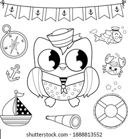 Nautical set with sailor owl bird. Vector black and white coloring page.