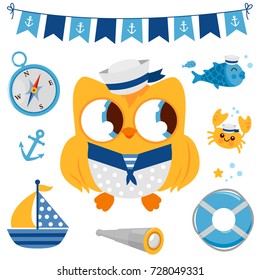 Nautical set with sailor owl bird. Vector illustration.