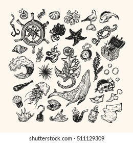 Nautical set. Sea set. Marine collection. Sea elements, underwater world. Fishes, shells, pirate elements, ship elements, anchor, helm, whale, wave.