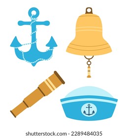 conjunto náutico de campana de barco, ancla, cristales de espina y sombrero marinero, ilustración vectorial plana aislada en fondo blanco, objetos marinos al estilo de dibujos animados