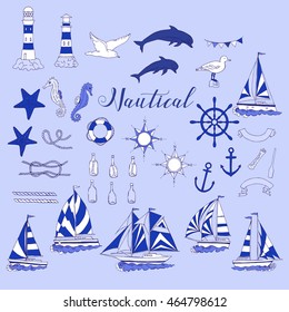 Nautical set with ships and wheel, seahorse, sailing boats,  dolphin and sea knots. Hand drawn elements for summer holidays.Travel, marin and ocean. Vector Illustration