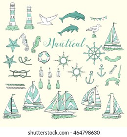 Nautical set with ships and wheel, seahorse, sailing boats,  dolphin and sea knots. Hand drawn elements for summer holidays.Travel, marin and ocean. Vector Illustration