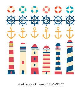 Nautical set. Steering wheel, lighthouse, anchor and lifebuoy. Nautical elements in flat style. Vector illustration