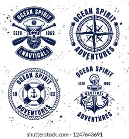 Nautical set vector emblems, labels, badges or logos in vintage style on background with removable textures