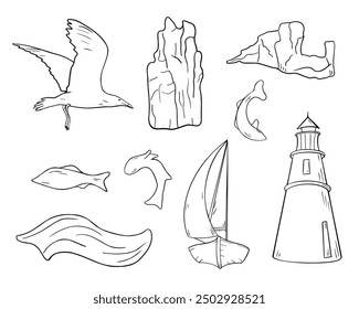 Nautical set vector graphic illustrations. Sailing ship and lighthouse ink silhouette hand drawn. Elements for design seascape wave rocks bird and fish black and white line. Marine clipart contour.