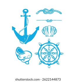 The nautical set of vector outline illustrations on the topic of sea trips in blue color. Includes anchor, helm, sea nodes and shells