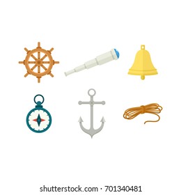 Nautical set - wheel, ship bell, compass, anchor, spyglass, rope, flat cartoon vector illustration isolated on white background. Nautical objects - wheel, bell, compass, anchor rope and spyglass