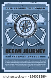 Nautical ship anchor and compass, ocean journey and sailing adventure vintage retro poster. Vector frigate ship and anchor, marine seafaring and nautical symbols, ocean cruise