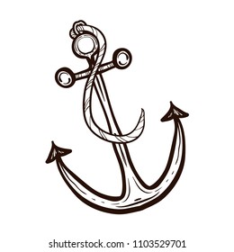 Nautical ship Anchor isolated. Hand drawn illustration equipment for water transport. Vintage vector. Coloring book for adults