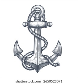 Nautical ship anchor with rope. Vintage engraving style. Sketch vector illustration, design element.