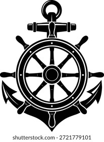 Anclaje de barco náutico y timón del capitán del volante. Ilustración vectorial de silueta en blanco y negro. Emblema marítimo para el diseño de logotipos de la marina, el marinero y el viaje.