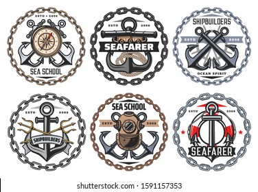 Nautical ship anchor and vintage aqualung icons, ocean spirit and seafarer captain signs. Vector sea school badge, marine heraldic symbols of frigate cannon and crossed boat anchor in chain