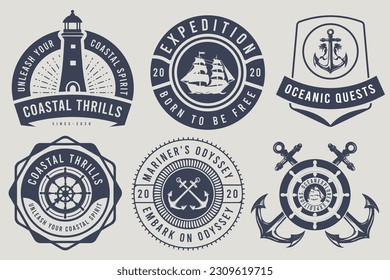 Nautical ship anchor and vintage coastal icons, ocean spirit, and seafarer captain signs. Sailing on a small boat. Ocean Explorer vintage badge logo silhouette.