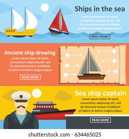 Conjunto de concepto Horizontal de Anuncio de barco náutico. Ilustración plana de 3 conceptos Horizontales de Anuncio de Vector de barco náutico para Web