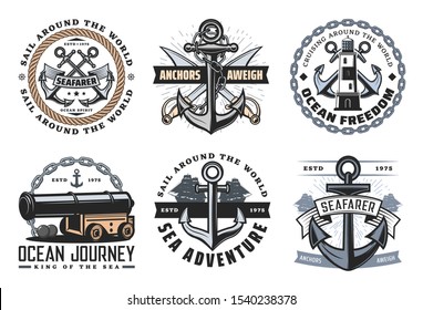 Nautical ship icons, ocean spirit and anchors aweigh quotes. Vector marine heraldic symbols of frigate cannon and crossed pirate swords, boat anchor rope and lighthouse, ocean adventure