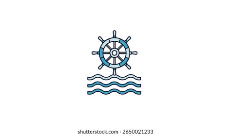 Nautical ship steering wheel icon floating above wavy ocean water vector illustration art