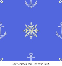 Nautical ship wheel and anchor seamless pattern collection in various colors in grid