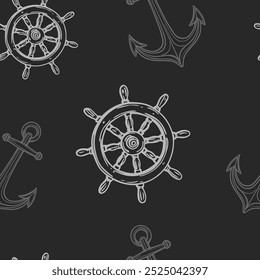 Nautical ship wheel and anchor seamless pattern collection in various colors in grid