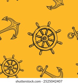 Nautical ship wheel and anchor seamless pattern collection in various colors in grid