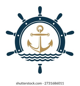 Nautical ship wheel with anchor and waves design element maritime symbol icon