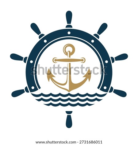 Nautical ship wheel with anchor and waves design element maritime symbol icon