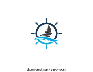 Nautical ship wheel emblem featuring a sailboat and blue waves