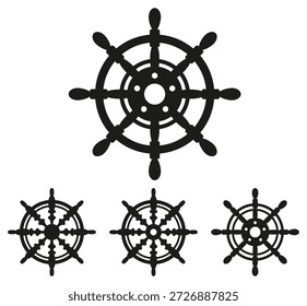 Nautical ship wheel silhouette vector set featuring various helm designs for maritime themes and navigation