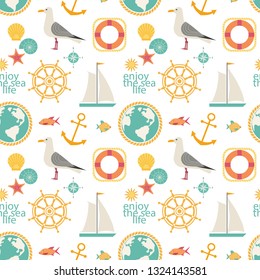 Nautical signs seamless pattern. Cute maritime seaside flat icons collection. Ocean vacation travel tourism design element. Marine vintage sea life enjoy print fabric background. Vector illustration
