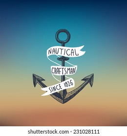 Nautical sketch background with anchor and white ribbon vector illustration