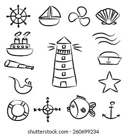 nautical sketch doodle vector icons set eps10