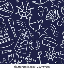 nautical sketch doodle vector icons seamless blue pattern eps10