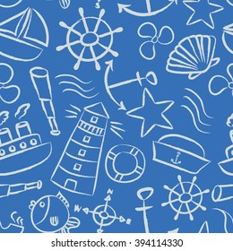 nautical sketch doodle vector icons seamless light blue pattern eps10